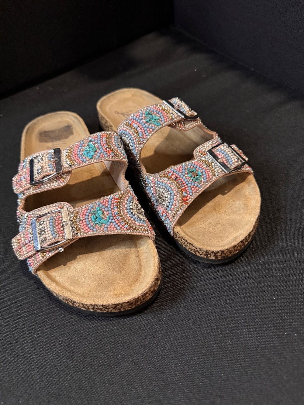 Jellypop Beaded Double-Buckle Slide Sandals - Pink Turquoise